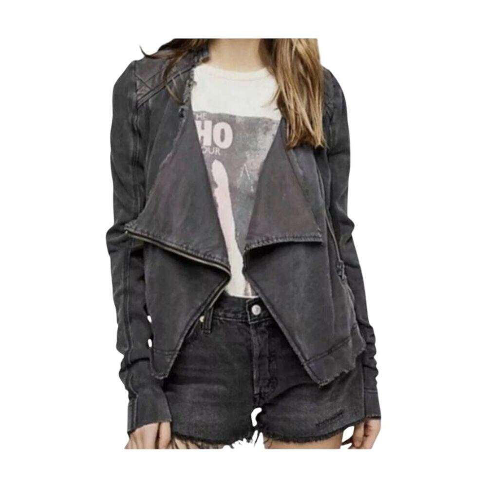 Free People Womens Blue Gray Shrunken Asymmetrical Raw Hem Moto Jacket Size S